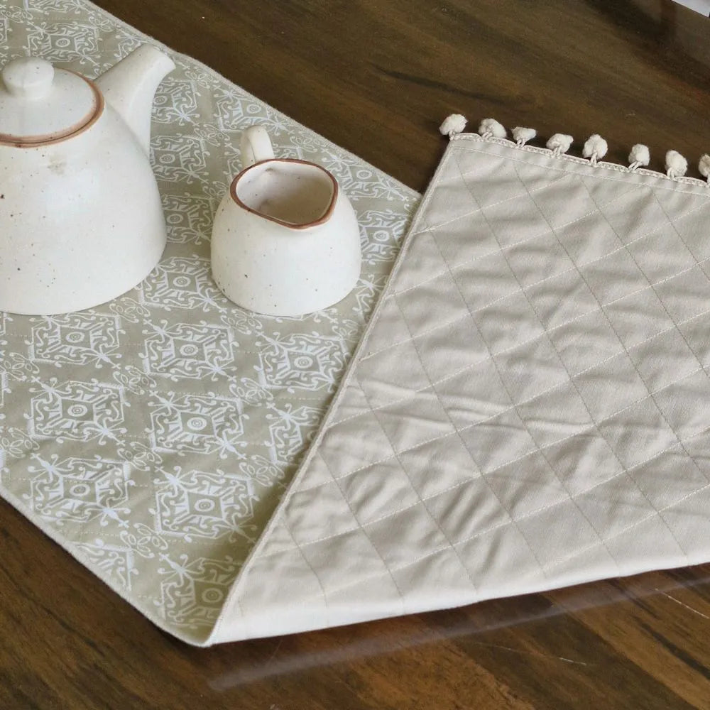 Dholpur Beige Reversible Runner by The Yard House, featuring geometric patterns in neutral tones, available for 4, 6, or 8...