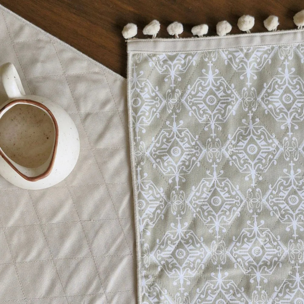 Dholpur Beige Reversible Runner by The Yard House, featuring geometric patterns in neutral tones, available for 4, 6, or 8...