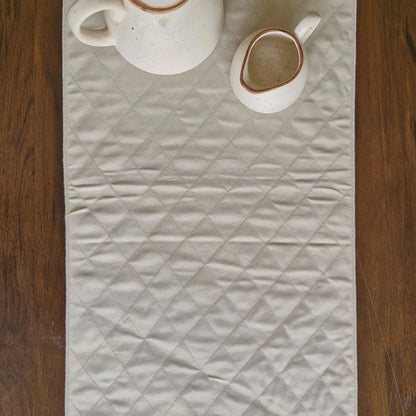 Dholpur Beige Reversible Runner by The Yard House, featuring geometric patterns in neutral tones, available for 4, 6, or 8...