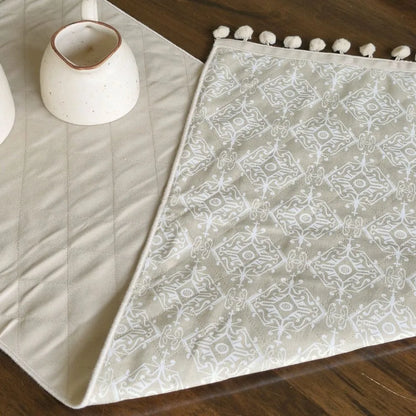 Dholpur Beige Reversible Runner by The Yard House, featuring geometric patterns in neutral tones, available for 4, 6, or 8...