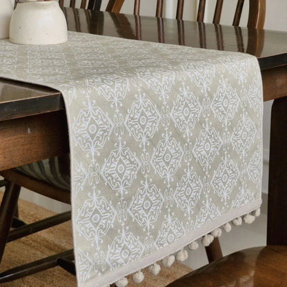Dholpur Beige Reversible Runner by The Yard House, featuring geometric patterns in neutral tones, available for 4, 6, or 8...