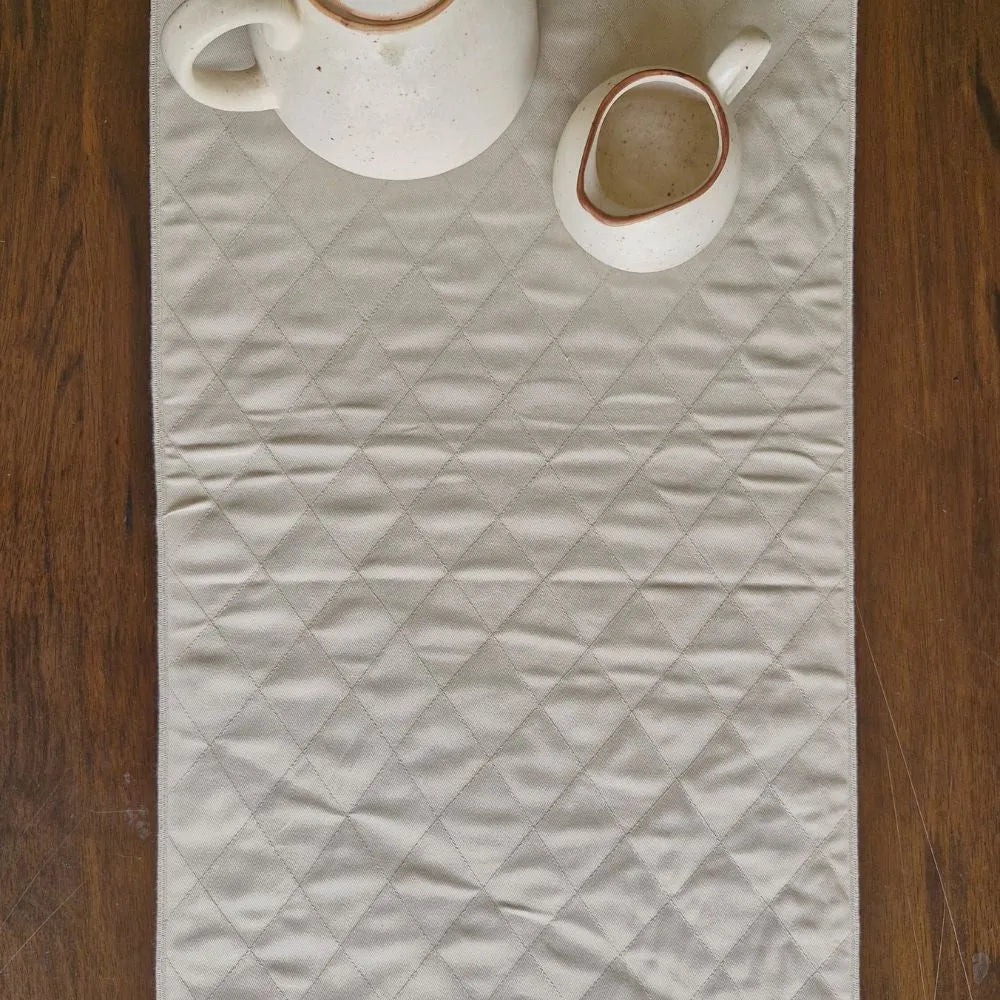 Dholpur Beige Reversible Runner by The Yard House, featuring geometric patterns in neutral tones, available for 4, 6, or 8...