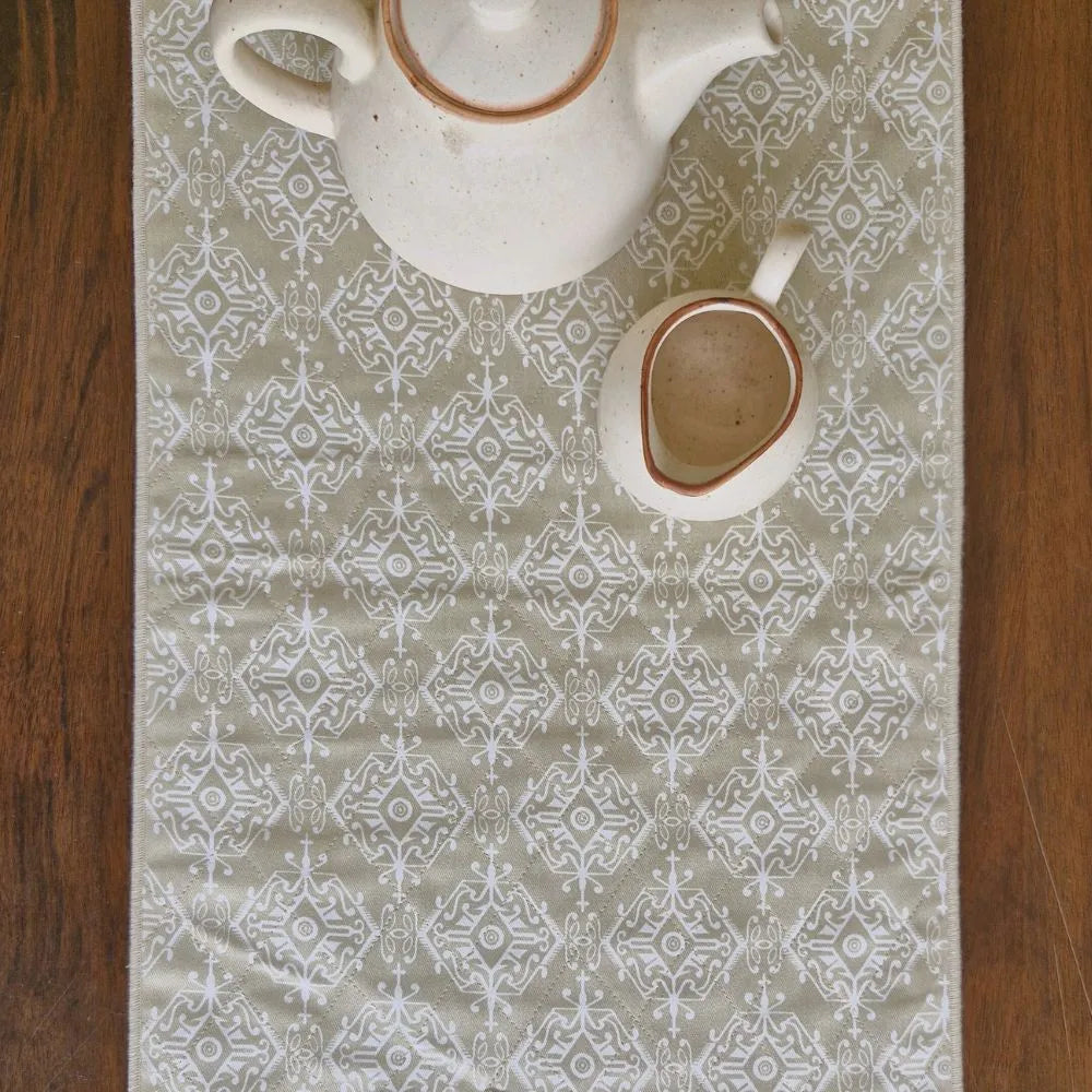 Dholpur Beige Reversible Runner by The Yard House, featuring geometric patterns in neutral tones, available for 4, 6, or 8...