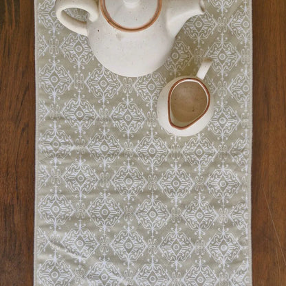 Dholpur Beige Reversible Runner by The Yard House, featuring geometric patterns in neutral tones, available for 4, 6, or 8...