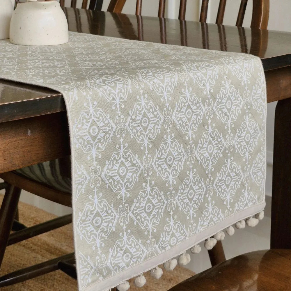 Dholpur Beige Reversible Runner by The Yard House, featuring geometric patterns in neutral tones, available for 4, 6, or 8...