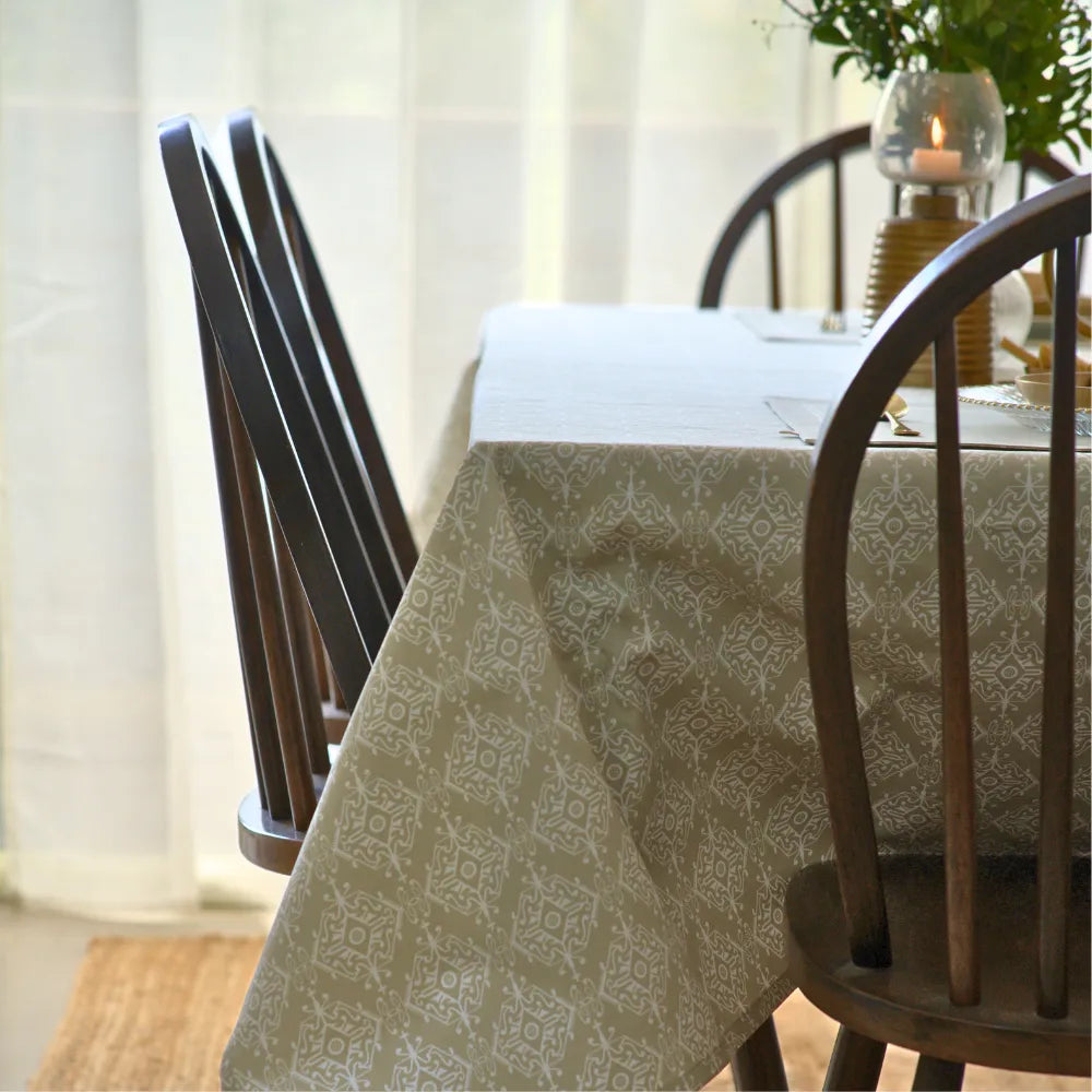 Dholpur Beige Tablecloth by The Yard House, featuring geometric patterns in neutral tones, available in square, round, and...