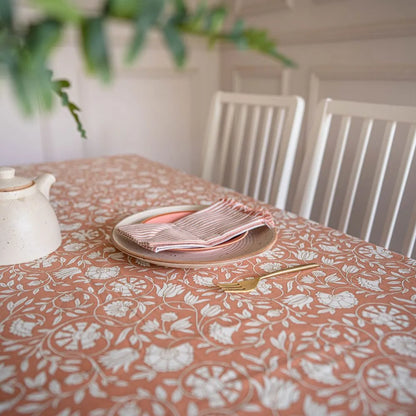 Dusty Rose Tablecloth by The Yard House, 60”x60” square size, featuring floral designs in a monochrome palette.