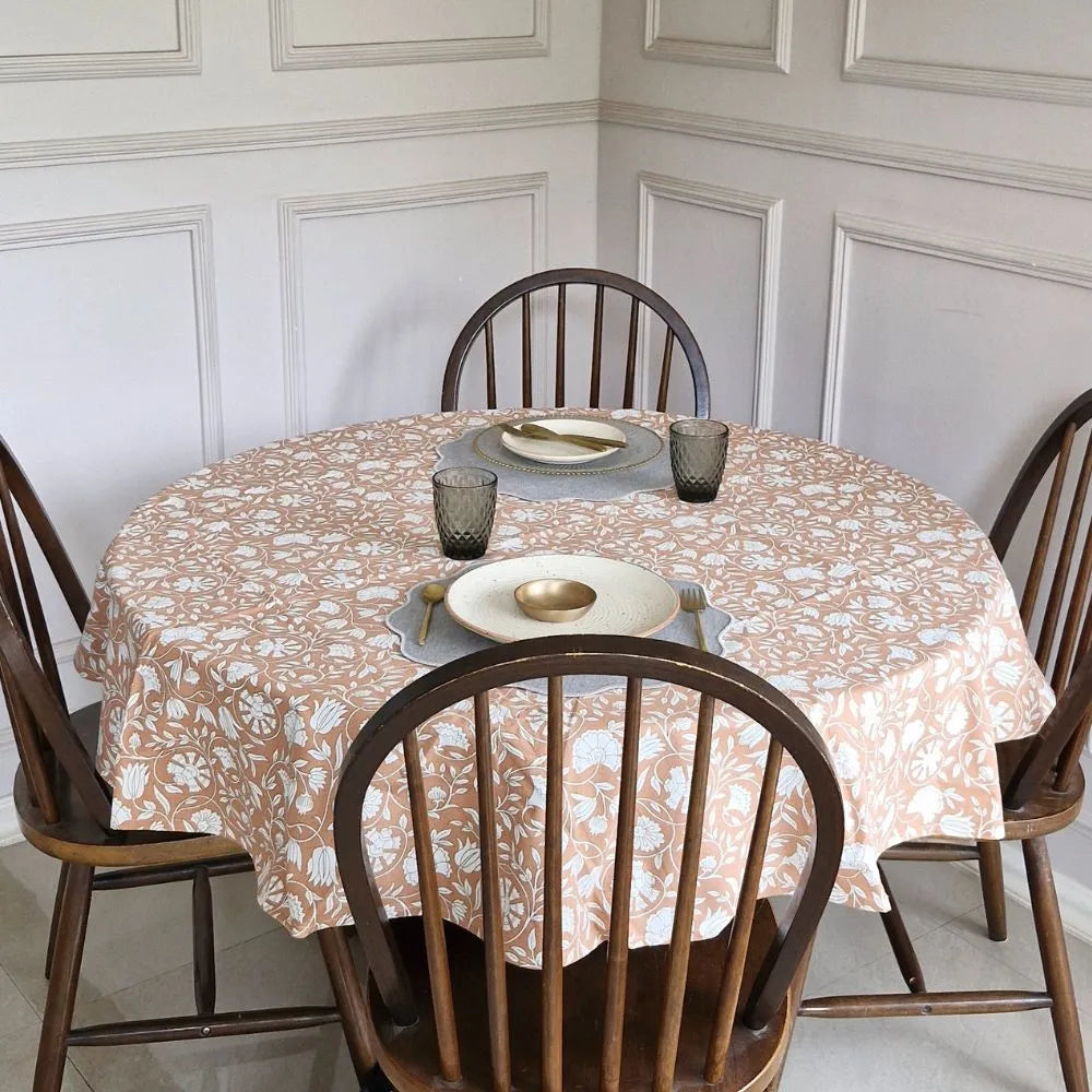 Dusty Rose Tablecloth by The Yard House, 60”x60” square size, featuring floral designs in a monochrome palette.
