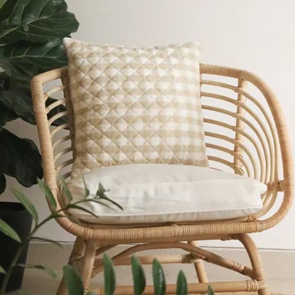 Beige checks cushion cover by The Yard House, available in square sizes 16"x16" and 18"x18", perfect for outdoor decor.