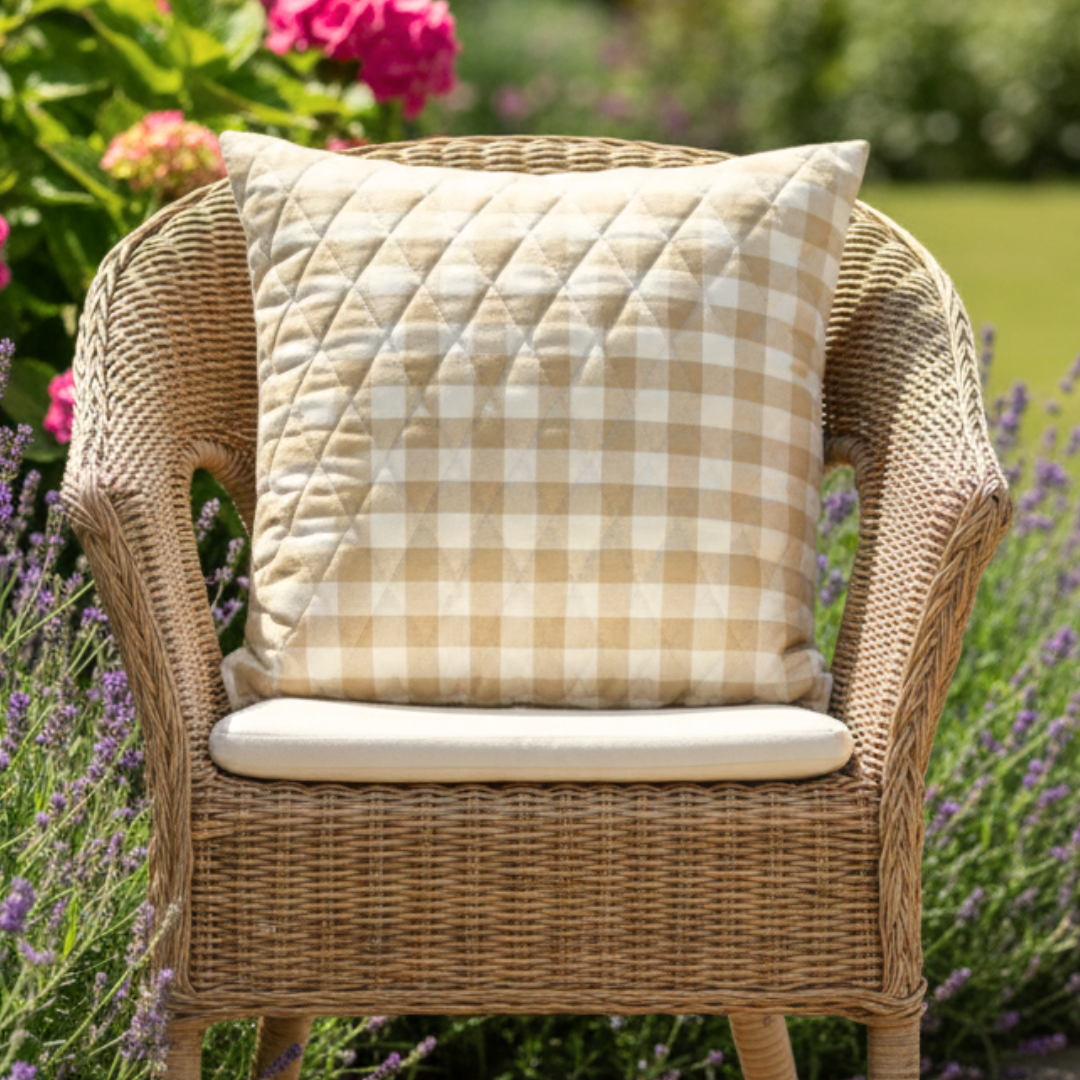 Beige checks cushion cover by The Yard House, available in square sizes 16"x16" and 18"x18", perfect for outdoor and indoo...