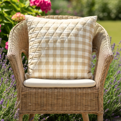 Beige checks cushion cover by The Yard House, available in square sizes 16"x16" and 18"x18", perfect for outdoor and indoo...
