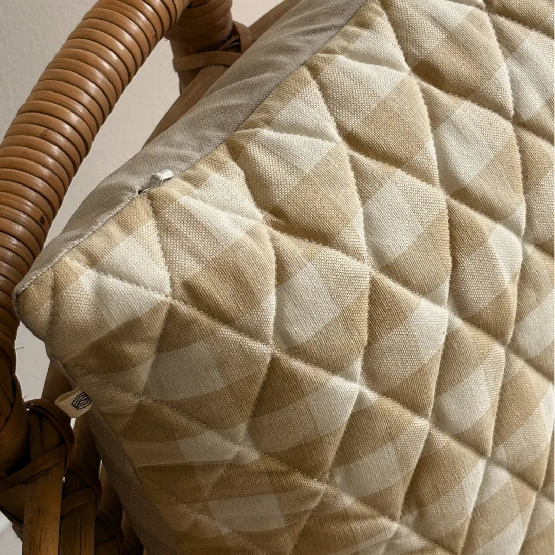 Beige checks cushion cover from The Yard House, available in square sizes 16"x16" and 18"x18", perfect for farmhouse decor.