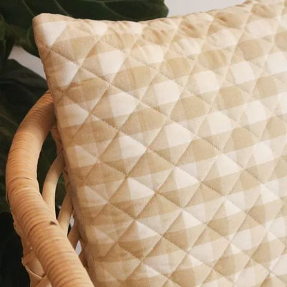 Beige checks cushion cover by The Yard House, available in square sizes 16"x16" and 18"x18", perfect for outdoor decor.