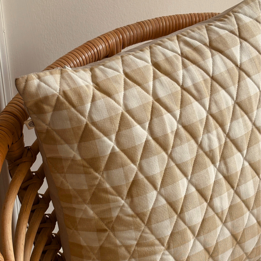 Beige checks cushion cover by The Yard House, available in square sizes 16"x16" and 18"x18", perfect for outdoor and indoo...