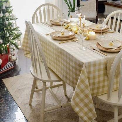 Beige Gingham Checks Tablecloth by The Yard House, 4 Seater Rectangle (48”X72”), featuring minimalist prints and vintage a...