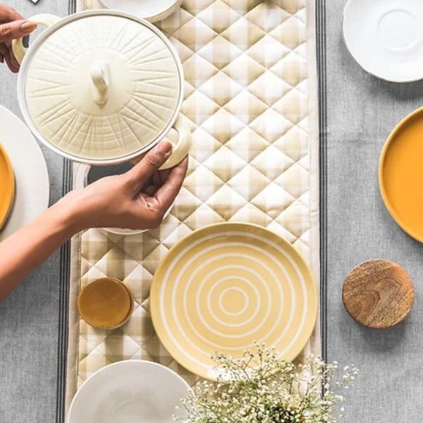Beige Gingham Checks Tablepad by The Yard House, square 15x15, featuring a quilted, wipeable design in neutral tones.