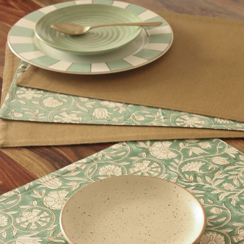Forest Pine & Tan Placemats by The Yard House, set of 4 in green and tan, featuring nature-inspired floral designs, wipeab...