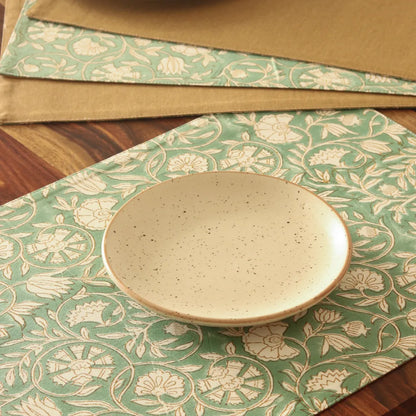 Forest Pine & Tan Placemats by The Yard House, set of 4 in green and tan, featuring nature-inspired floral designs, wipeab...