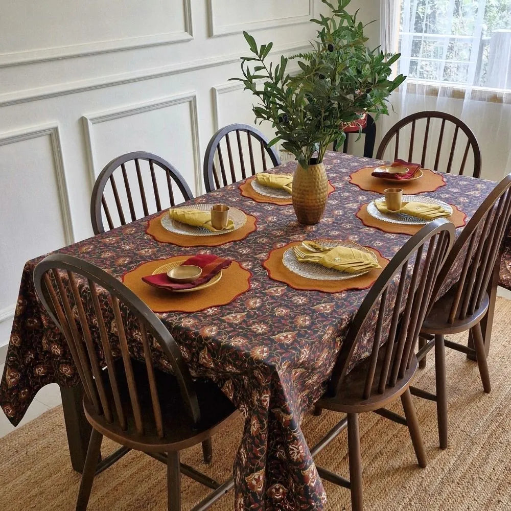 Forgotten Forest Tablecloth by The Yard House in black, 4-seater rectangle (48”x72”), featuring minimalist geometric patte...