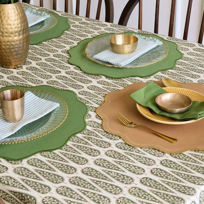 Frosted Cypress Tablecloth by The Yard House in green, 60” round, featuring minimalist geometric patterns in pastel tones.