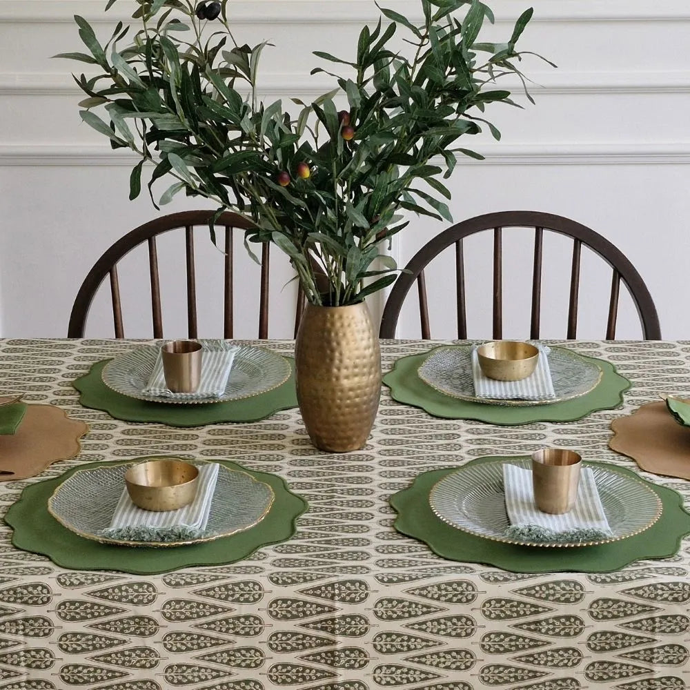 Frosted Cypress Tablecloth by The Yard House in green, 60” round, featuring minimalist geometric patterns in pastel tones.