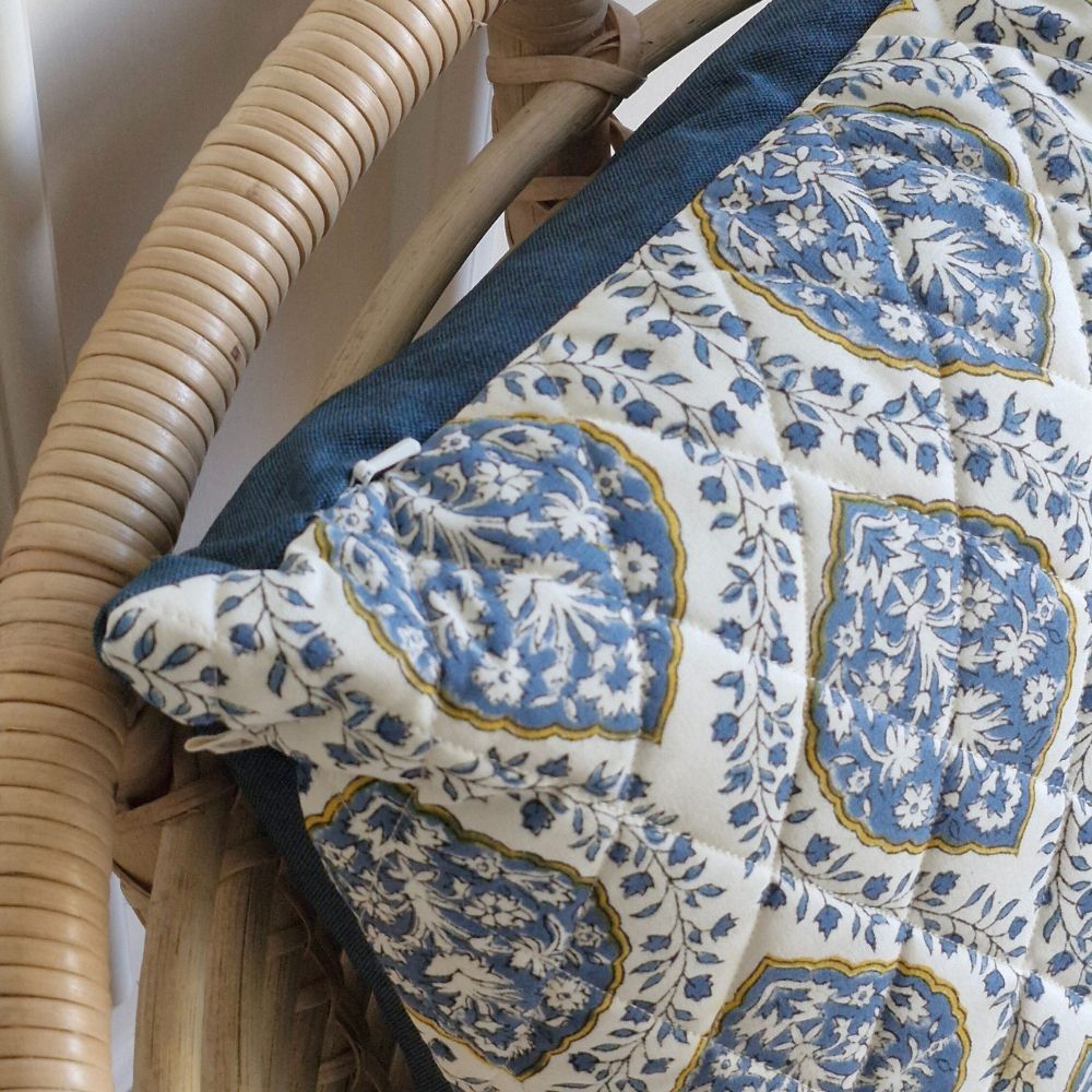 Morning Dew Cushion Cover by The Yard House in cobalt blue, 18"x18", features geometric patterns and nature-inspired print...