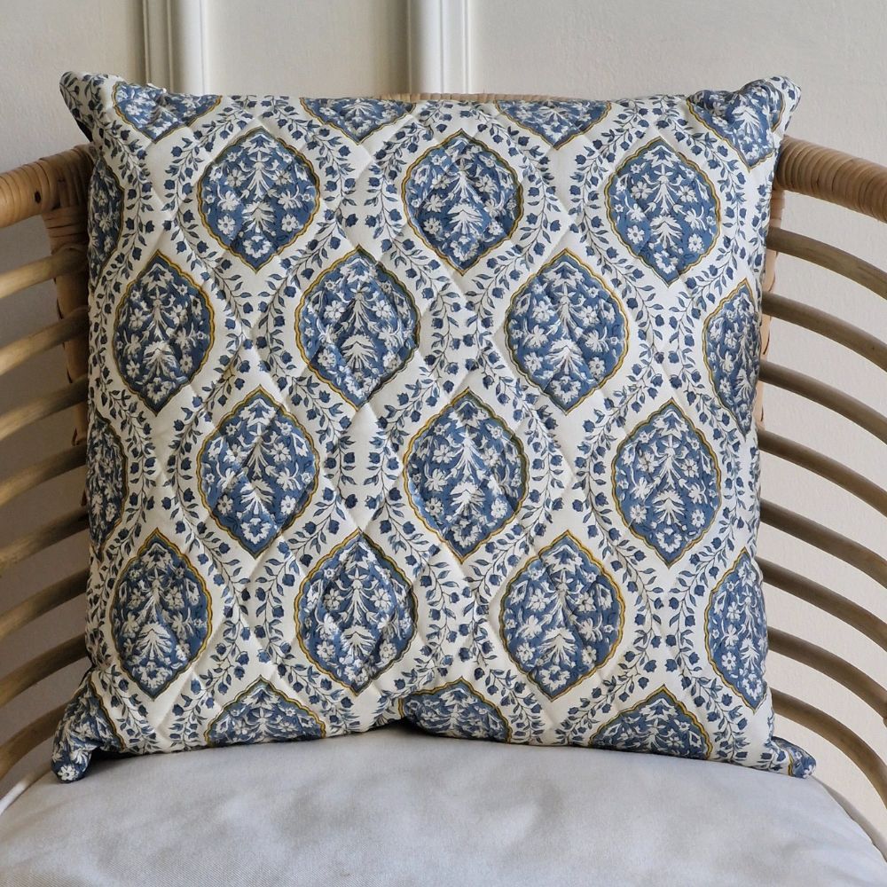 Morning Dew Cushion Cover by The Yard House in cobalt blue, 18"x18", features geometric patterns and nature-inspired print...