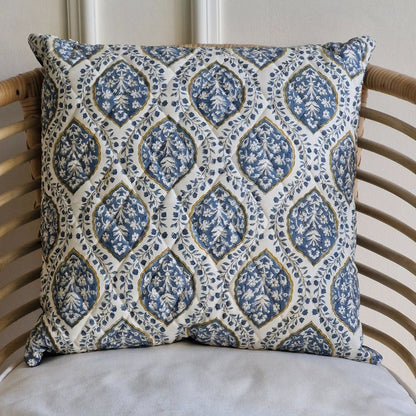Morning Dew Cushion Cover by The Yard House in cobalt blue, 18"x18", features geometric patterns and nature-inspired print...