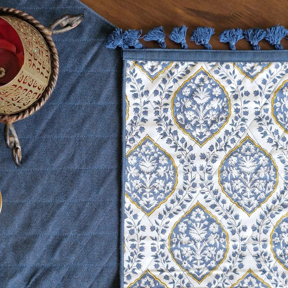 Morning Dew Reversible Runner by The Yard House in Blue Grey, 80"x14", features abstract geometric patterns and traditiona...
