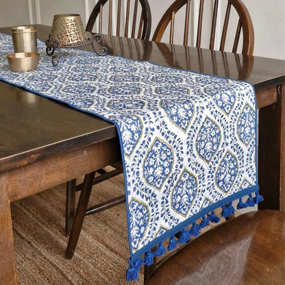 Morning Dew Reversible Runner by The Yard House in Blue Grey, 80"x14", features abstract geometric patterns and traditiona...