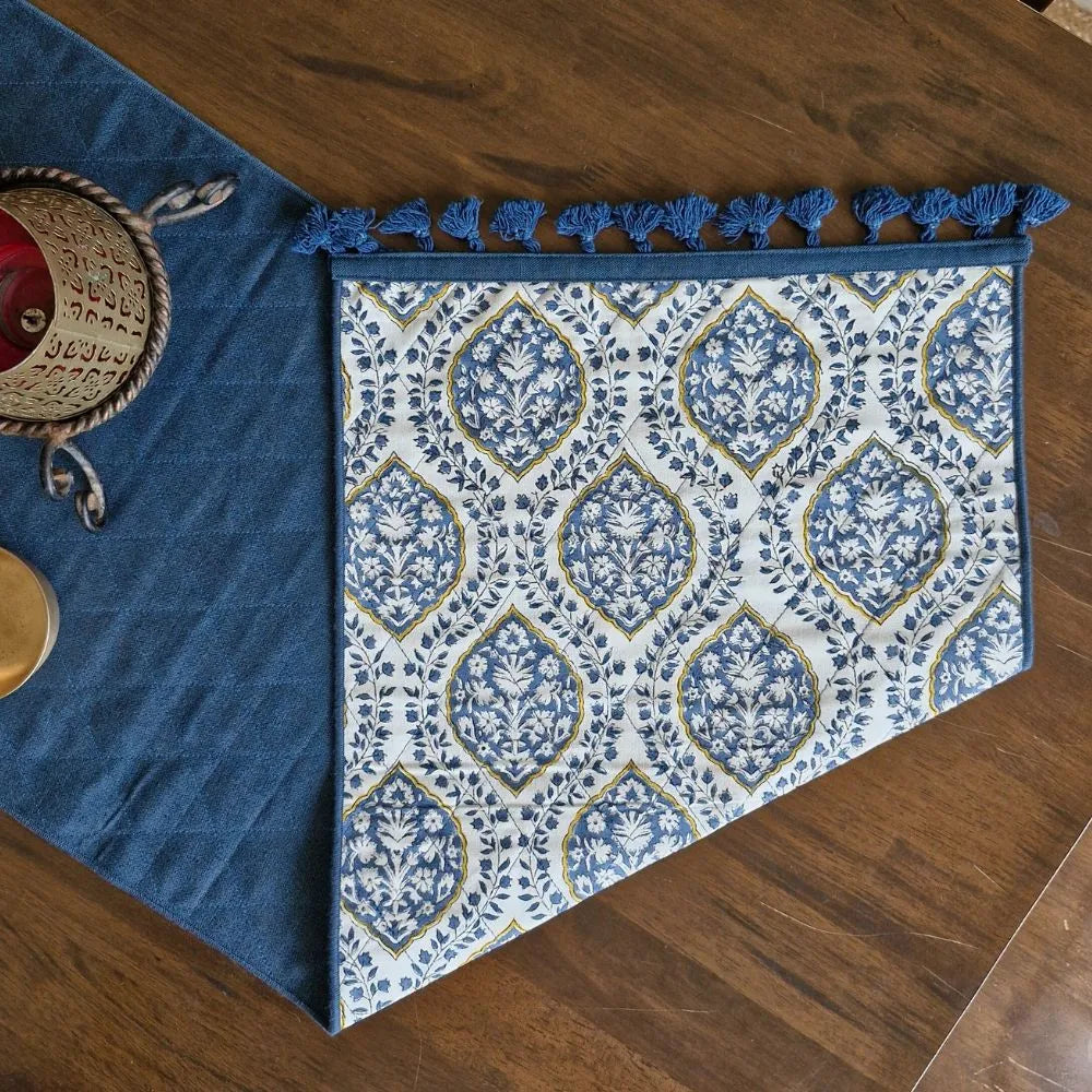 Morning Dew Reversible Runner by The Yard House in Blue Grey, 80"x14", features abstract geometric patterns and traditiona...