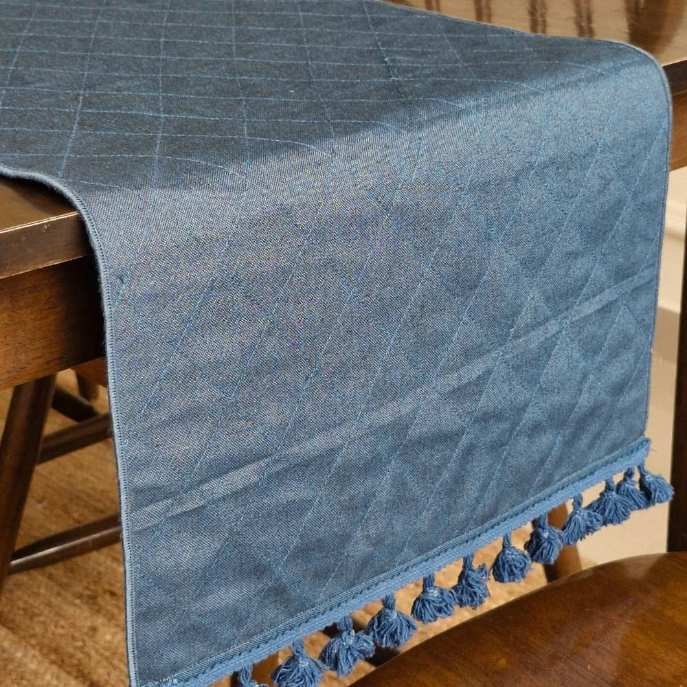 Morning Dew Reversible Runner by The Yard House in Blue Grey, 80"x14", features abstract geometric patterns and traditiona...