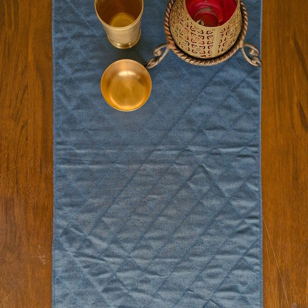 Morning Dew Reversible Runner by The Yard House in Blue Grey, 80"x14", features abstract geometric patterns and traditiona...