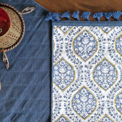 Morning Dew Reversible Runner by The Yard House in Blue Grey, 80"x14", features abstract geometric patterns and traditiona...