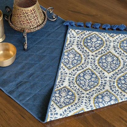 Morning Dew Reversible Runner by The Yard House in Blue Grey, 80"x14", features abstract geometric patterns and traditiona...