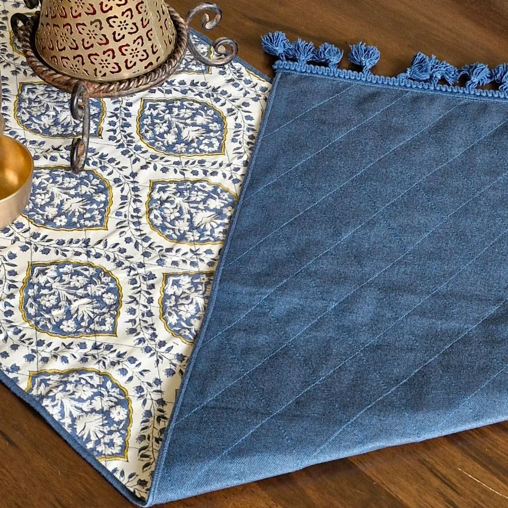 Morning Dew Reversible Runner by The Yard House in Blue Grey, 80"x14", features abstract geometric patterns and traditiona...