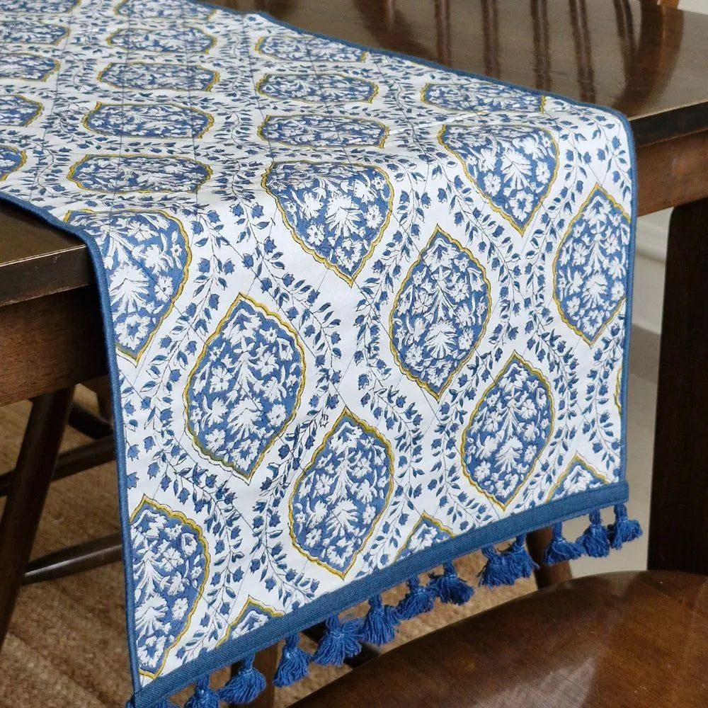 Morning Dew Reversible Runner by The Yard House in Blue Grey, 80"x14", features abstract geometric patterns and traditiona...