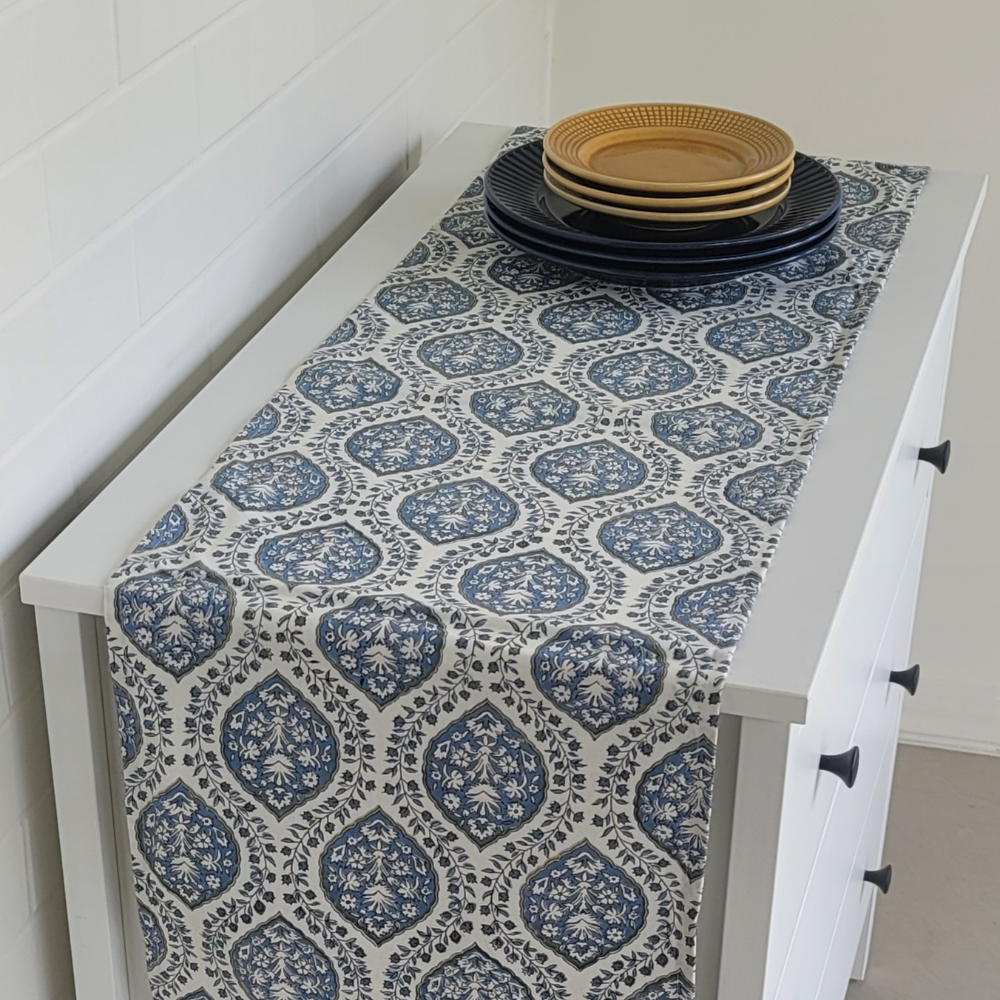 Morning Dew Runner by The Yard House in Blue Grey, 60"X14", features minimalist geometric patterns and nature-inspired pri...