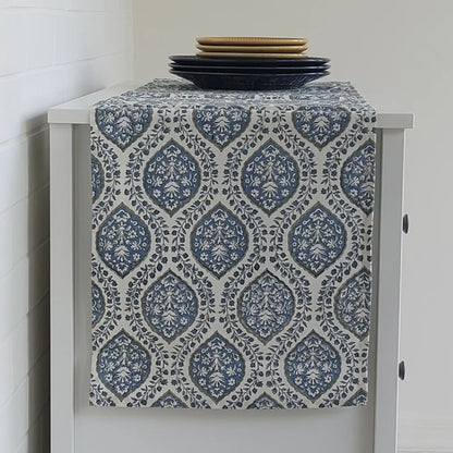 Morning Dew Runner by The Yard House in Blue Grey, 60"X14", featuring geometric patterns with neutral and pastel tones.