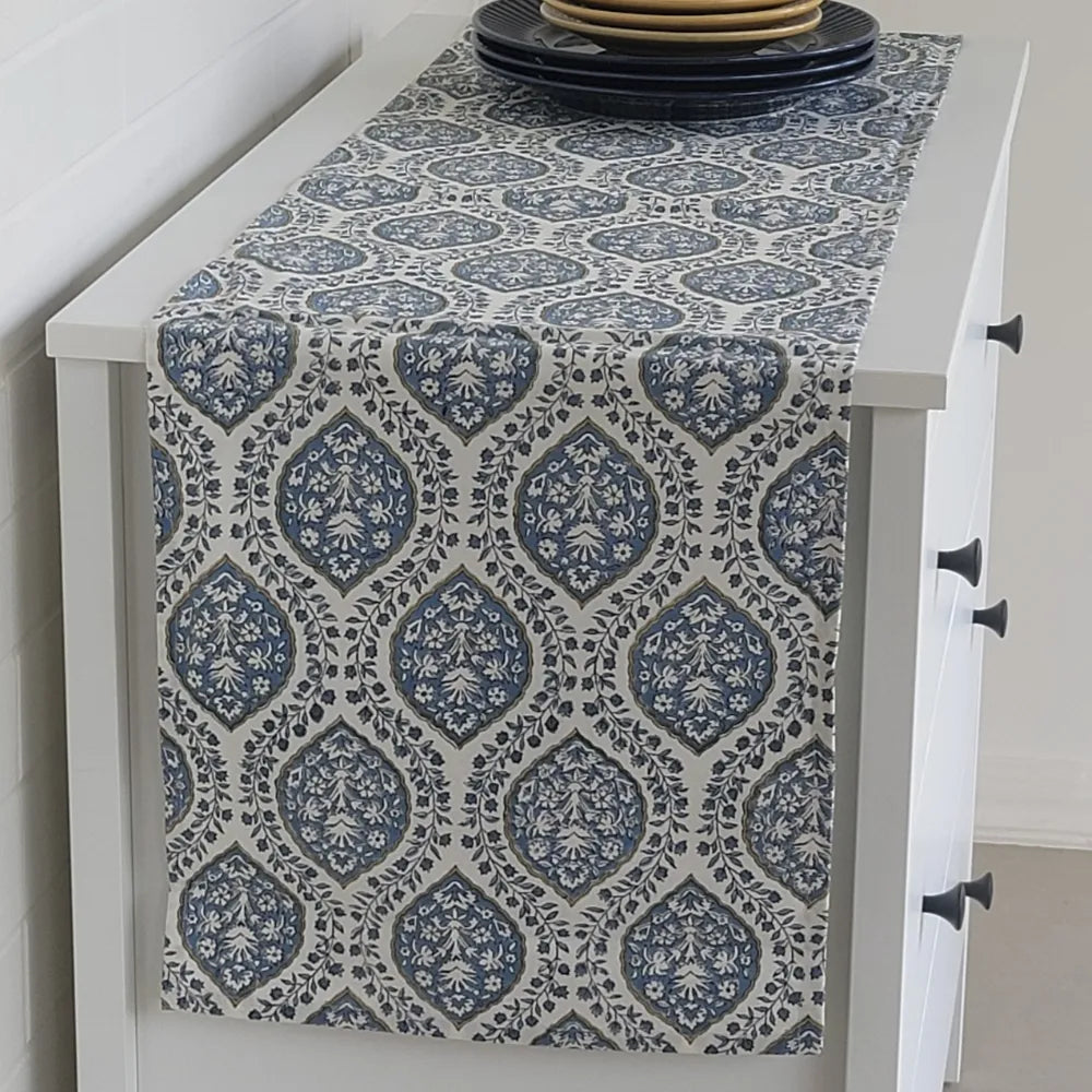 Morning Dew Runner by The Yard House in Blue Grey, 60"X14", featuring geometric patterns with neutral and pastel tones.
