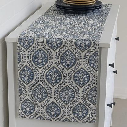 Morning Dew Runner by The Yard House in Blue Grey, 60"X14", featuring geometric patterns with neutral and pastel tones.