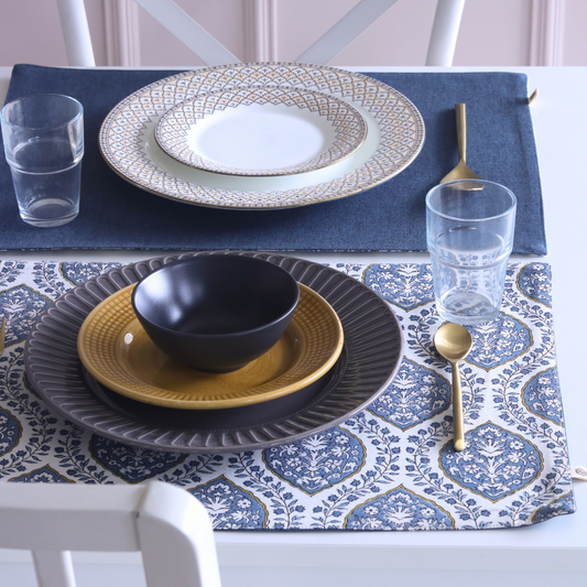 Morning Dew & Woven Aegean Blue Placemats by The Yard House, set of 4, rectangular (12" x 17"), featuring bold colors and ...