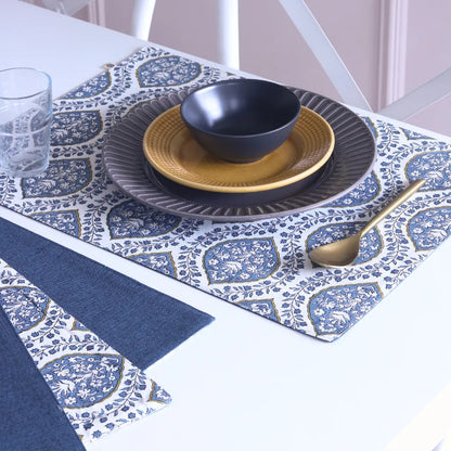 Set of 4 Morning Dew & Woven Aegean Blue Placemats by The Yard House, featuring geometric patterns in blue grey, 12” x 17”...