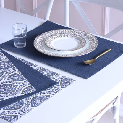 Set of 4 Morning Dew & Woven Aegean Blue Placemats by The Yard House, featuring geometric patterns in blue grey, 12” x 17”...