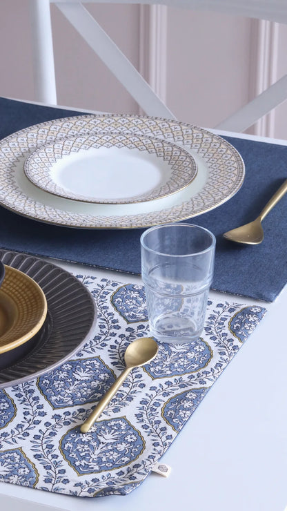 Set of 4 Morning Dew & Woven Aegean Blue Placemats by The Yard House, featuring geometric patterns in blue grey, 12” x 17”...