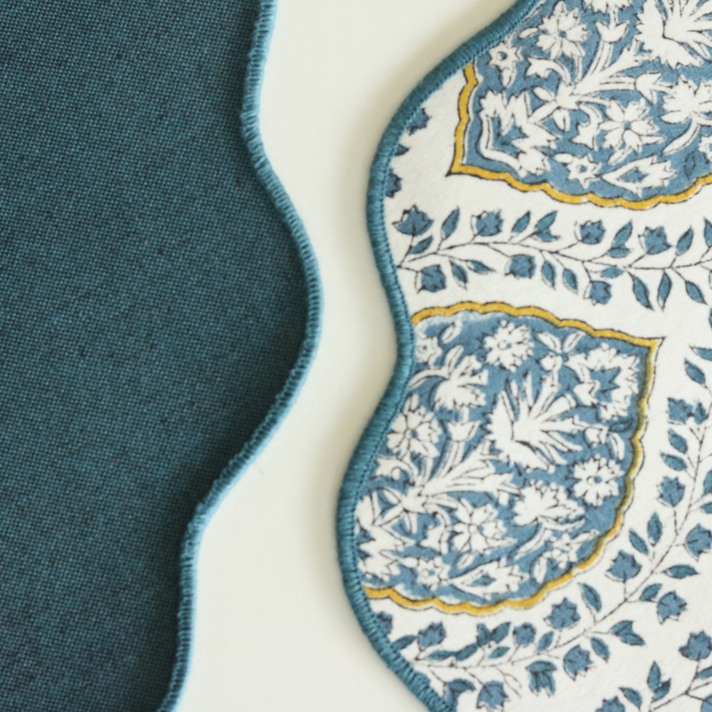 Morning Dew & Woven Aegean Blue Placemats by The Yard House, set of 4, 12" x 17", featuring geometric patterns in blue grey.