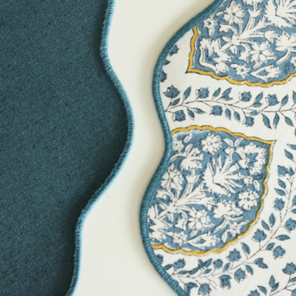 Morning Dew & Woven Aegean Blue Placemats by The Yard House, set of 4, 12" x 17", featuring geometric patterns in blue grey.