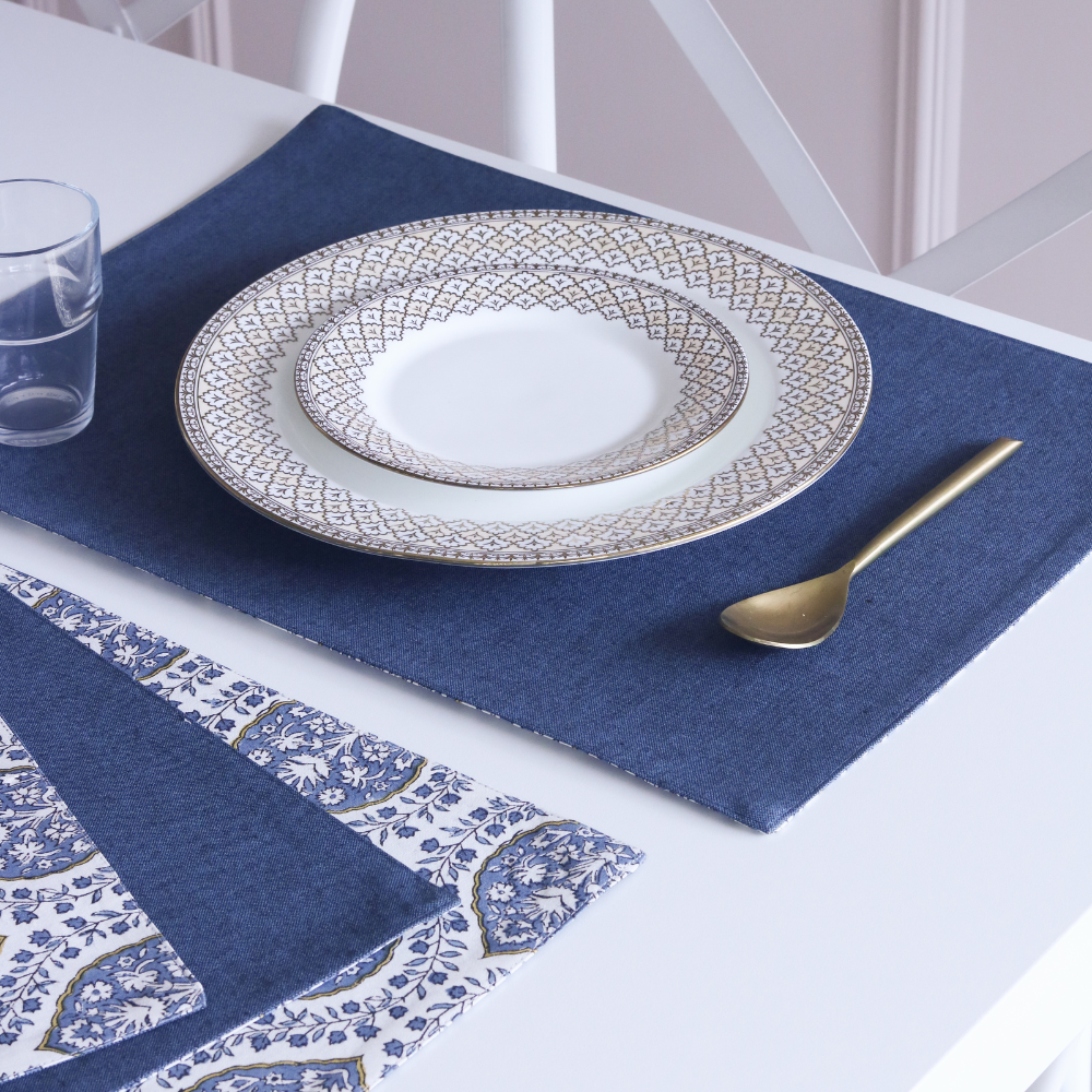Morning Dew & Woven Aegean Blue Placemats by The Yard House, set of 4, rectangle (12" x 17"), featuring geometric patterns...