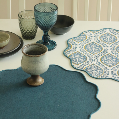 Morning Dew & Woven Aegean Blue Placemats by The Yard House, set of 4, 12" x 17", featuring geometric patterns in blue grey.