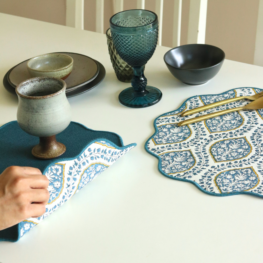 Morning Dew & Woven Aegean Blue Placemats by The Yard House, set of 4, 12" x 17", featuring geometric patterns in blue grey.
